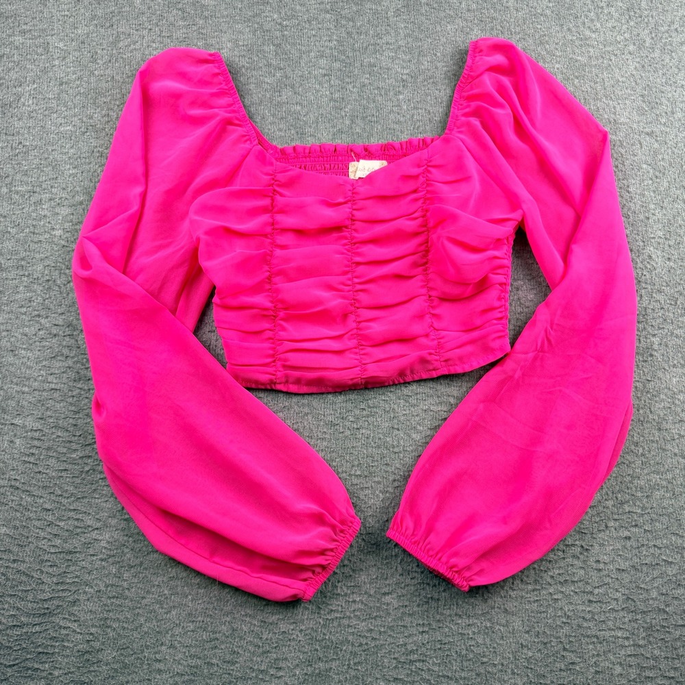 Altar'd State Hot Pink Ruched Long Sleeve Crop Top